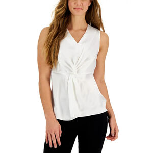 Alfani Women's Large White V-Neck Satin Twist-Front Sleeveless Top NWT